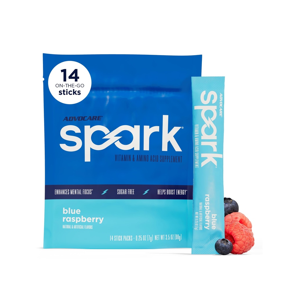 AdvoCare Gnist - Energy Drink Mix - Vitamin & Aminosyre supplement - Understøtter Energy & Focus * - Bærbar immunforsvar * - Sukkerfri - Blå Hindbær, 14 Stick Packs (3.5 oz)