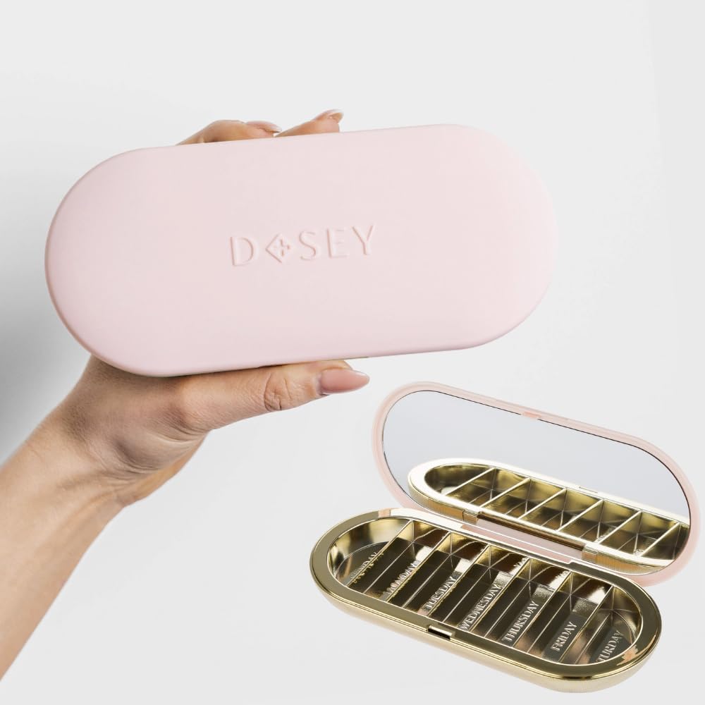 Dosey 7 Day Pill Compact Travel Pill Organizer - Pill Case med 7 Pill Compartments for Medicine Storage & Protection - Stilfuld & Elegant Medicin Organizer med spejl, Blush