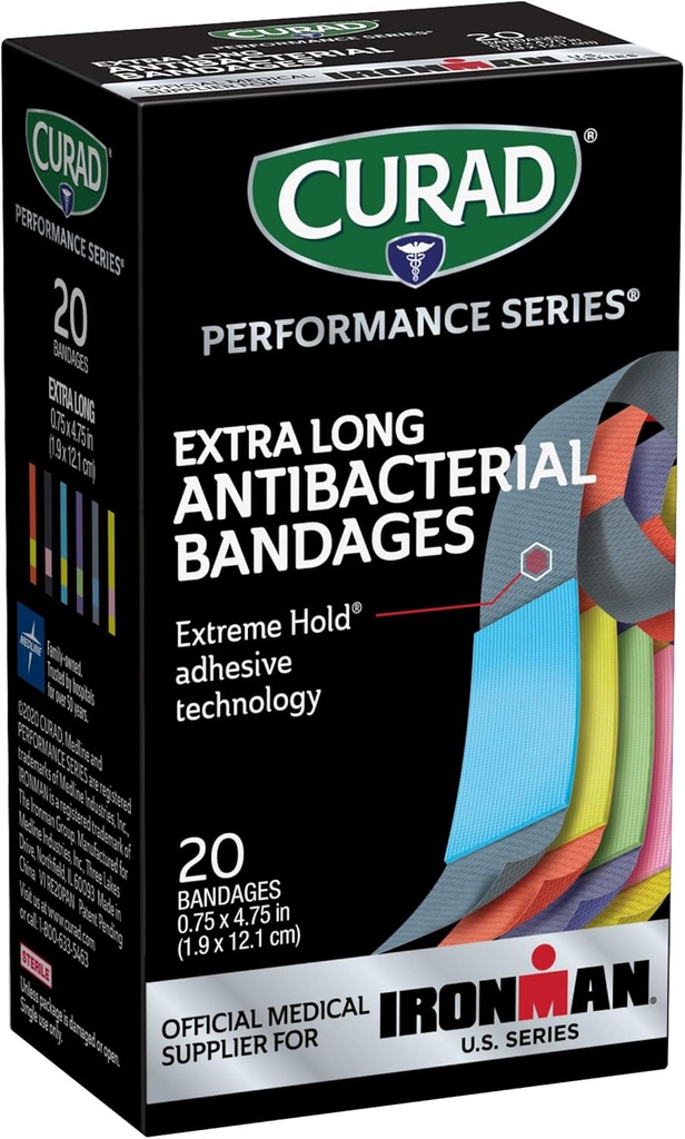 CURAD Performance Series IRONMAN Antibakterielle Bandages, Extreme Hold Adhesive Technology, Extra Long Flexible Fabric Bandages for Cuts, Scrapes, & Burns, Assorted Colors, 0,75 x 4,75 inches, 20 Greve