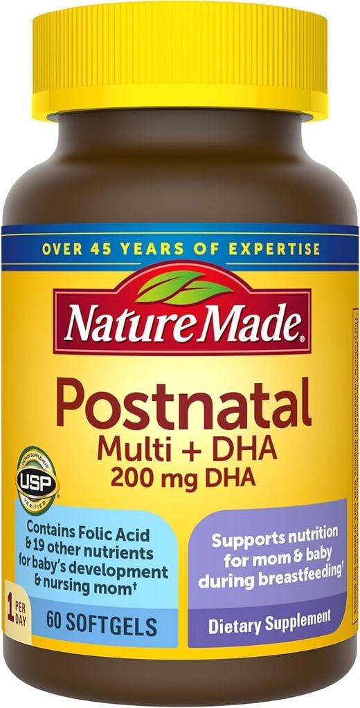 Nature Made Postnatal Multivitamin + DHA 200 mg, 60 Softgel, til støtte Sygeplejersker & Babyer Under amning, Postnatal Vitamin & Nutrienter omfatter jern, vitamin D3, calcium, jod