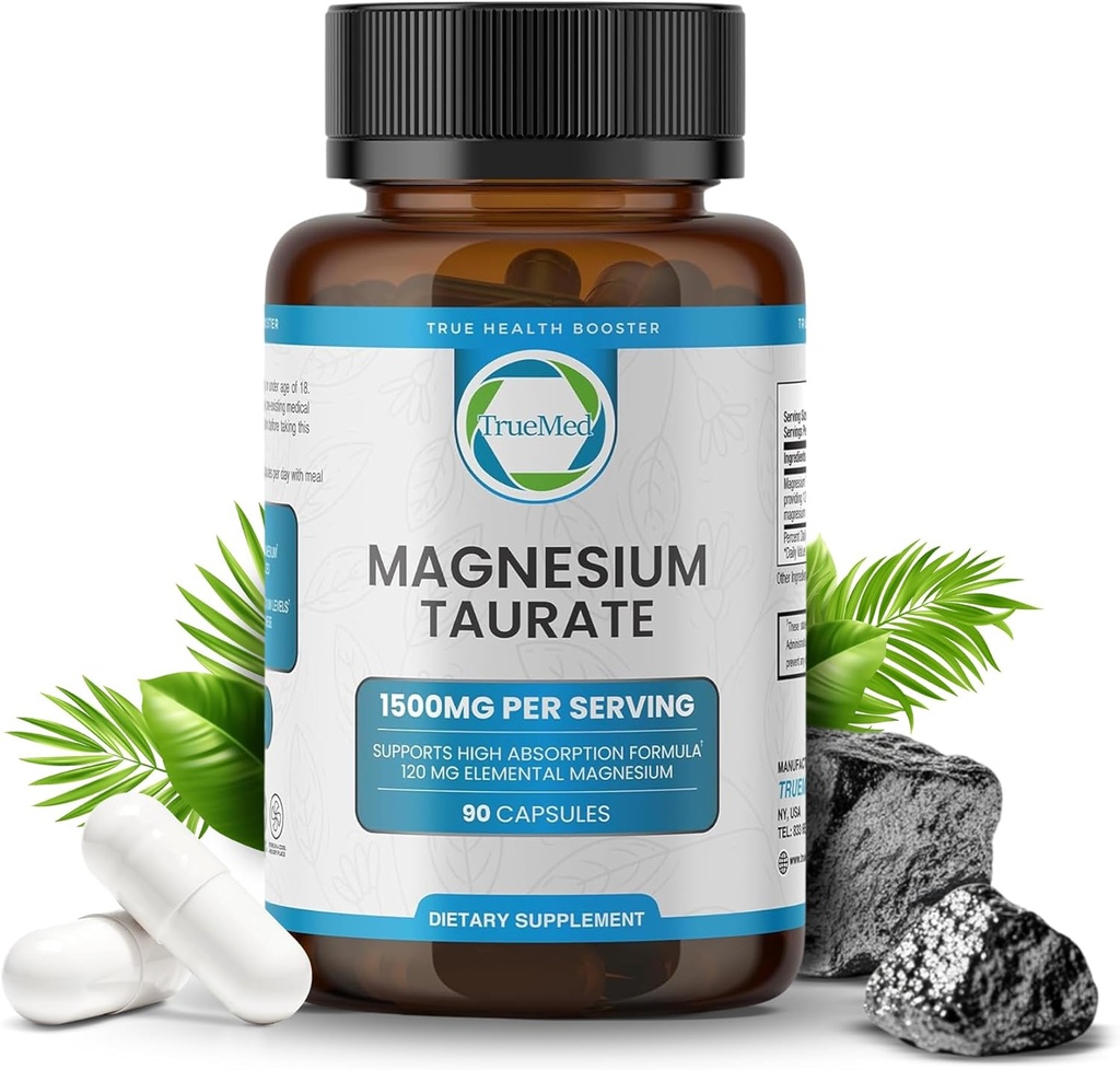 Natural Magnesium Taurate Supplement 1500 mg med 90 kapsler - 30 dages levering til søvnstøtte, hjerte sundhed, afslapning, blodtryksbalance, og energi boost