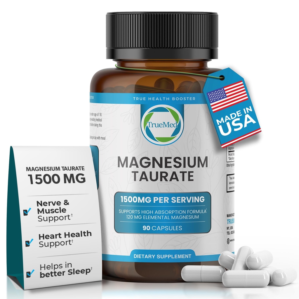 Natural Magnesium Taurate Supplement 1500 mg med 90 kapsler - 30 dages levering til søvnstøtte, hjerte sundhed, afslapning, blodtryksbalance, og energi boost
