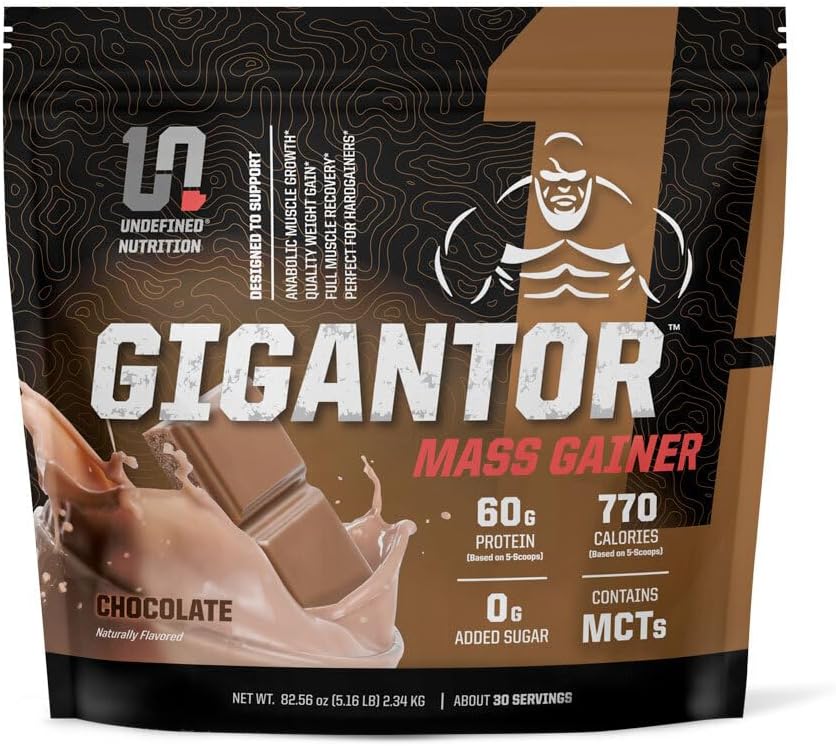 Udefineret ernæring Gigantor Mass Gainer af Brian Shaw (60g Protein, 30 Servere, op til 790 Kvalitetskalorier) - Hardcore Hard Gainer Formel med 5- fase Protein Blend (5.16 lbs, Chokolade)