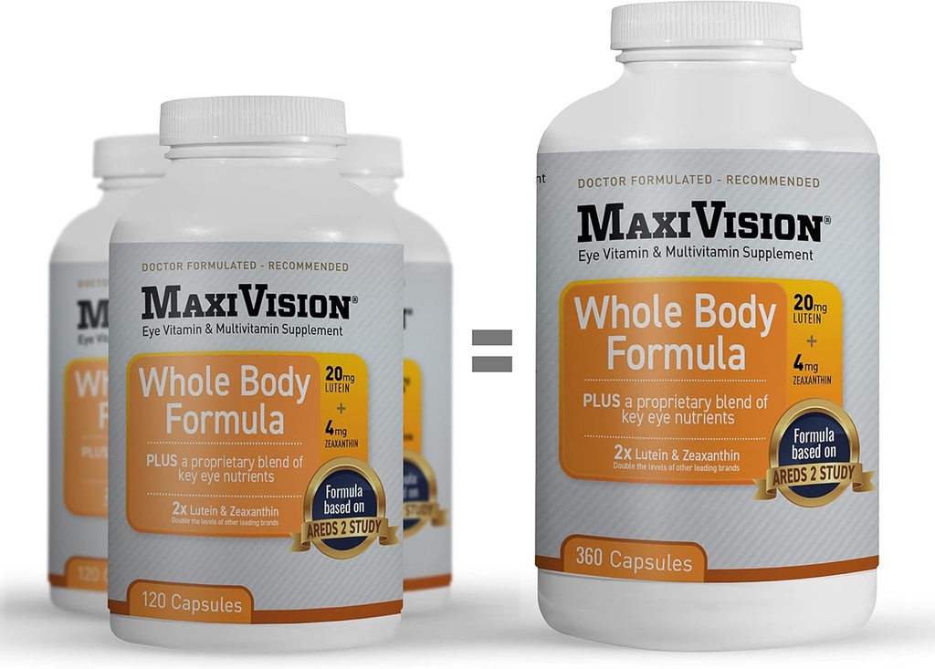MaxiVision ® AREDS 2 Hele Body Formel - AREDS 2 Eye Vitaminer w / Lutein og Zeaxanthin - for Macular Support - Eye Supplements for Eye Strain - 360 Capsules Count (360 kapsler 1 flaske)
