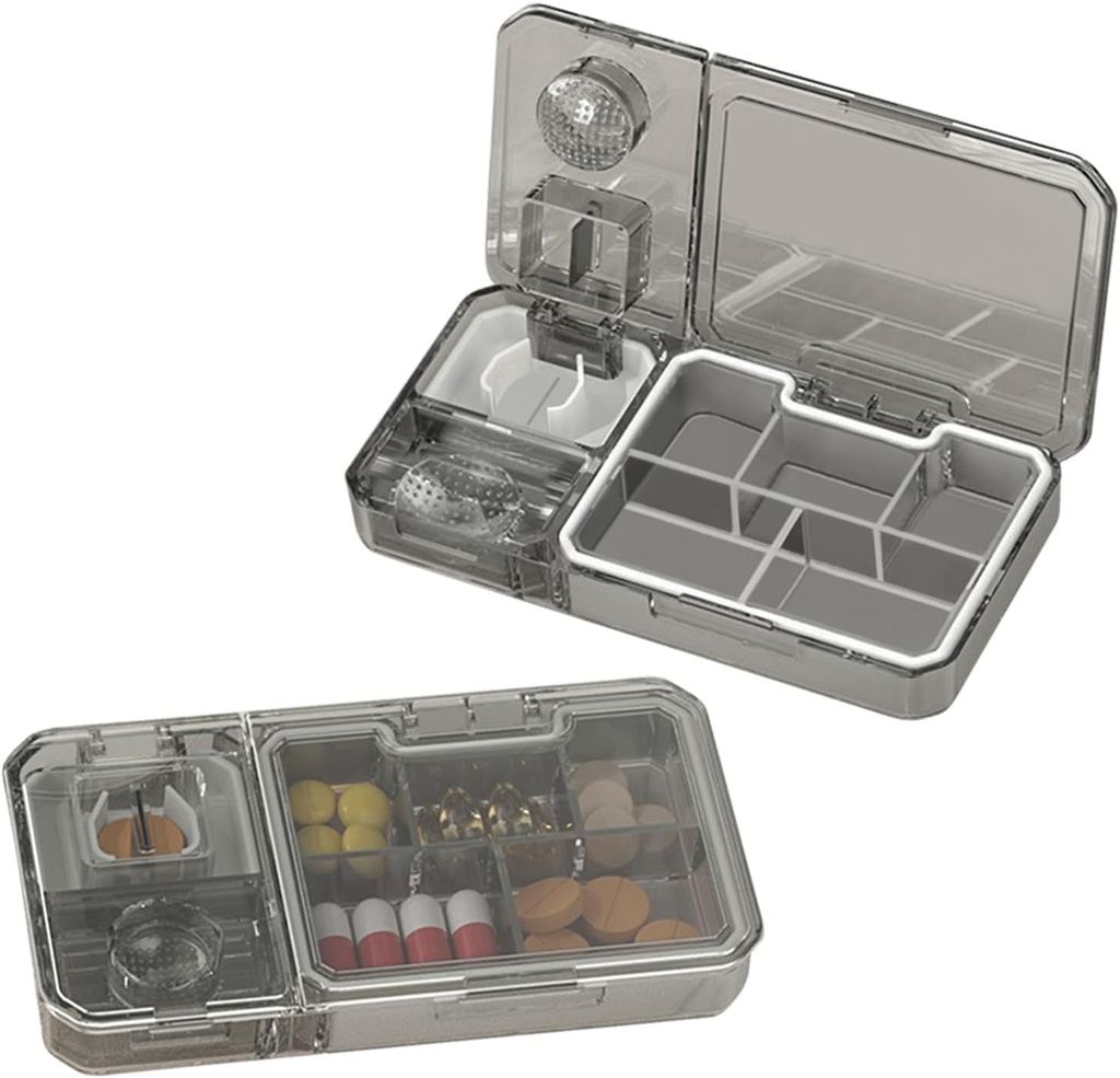 Daglig pillekasse med klipning og slibning, Teeloray Travel Pill Box Arrangør, BPA Free Pill Case Sealed Fugtsikker Portable, Medicin Storage Box for Vitamin / Medicin / Tablets / Supplements (Grey)