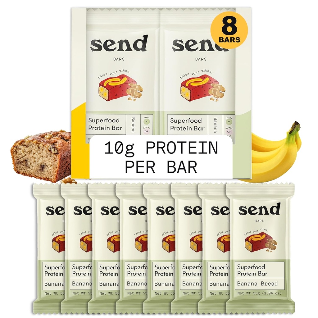 Send Bars Plant- baserede Vegan sund protein Bars, Med grønne (Banana Brød, 8 Bars) - Kun reelle ingredienser, nul tilsat sukker, Gluten- fri, Dairy- fri