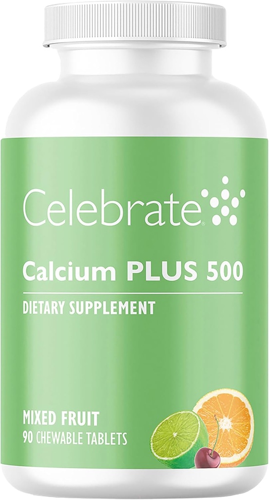 Celebrate Vitamins Calcium Plus - 500mg Calcium Citrate, 333 IU Vitamin D3 & 34mg Magnesium for Post Bariatric Surgery - Gluten-Free & Sugar-Free - Mixed Fruit, 90 Chewable Tablets