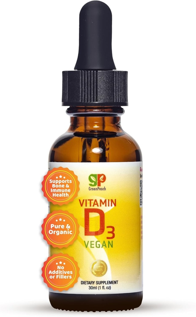 GreenPeach Liquid Vegan Organic Vitamin D 400 til 1600 IE - D3 Drops til Toddler, Kids, Baby & Infants, D-vitamin Baby Drops, Natural, 60 Servering