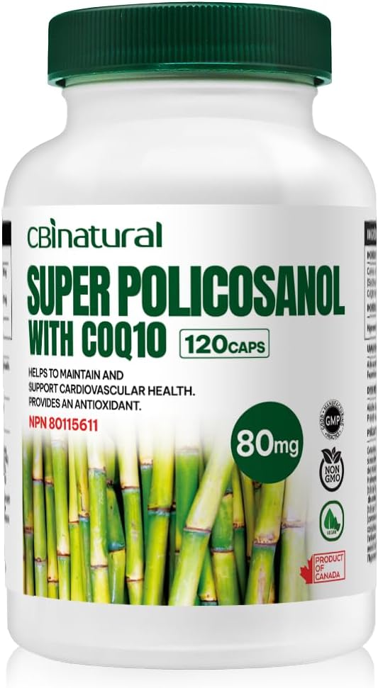Super Sugarcane Policosanol 80 mg med CoQ10 30 mg, 120 Vegetabilske kapsler, Heart & Cholesterol Support, 4- Måned Supply, Non- GMO, Gluten Free
