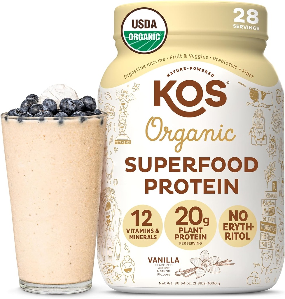 KOS Vegan Protein Powder Erythritol Free, Vanilla USDA Organic - Pea Protein Blend, Plant Based Superfood Rich in Vitaminer & Minerals - Keto, Dairy Free - Måltidserstatning for kvinder og mænd, 28 Servering