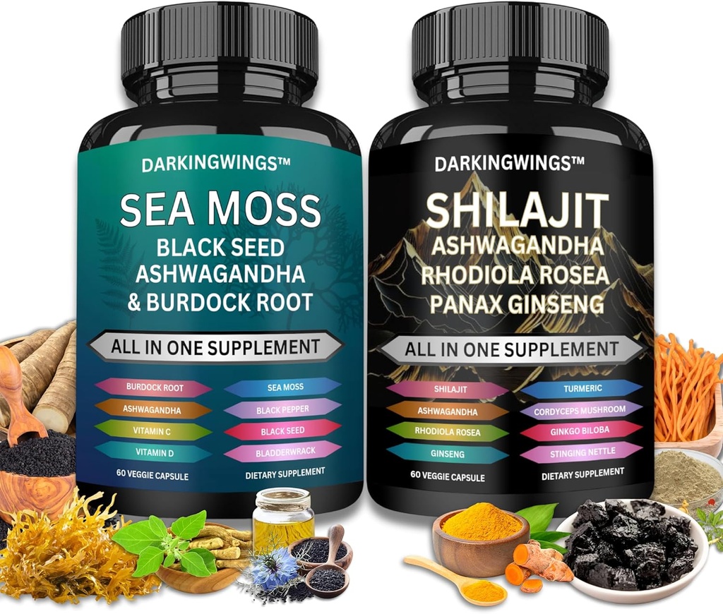 Shilajit and sea moss combo -Sea Moss 3000mg, Black Seed Oil 2000mg, Ashwagandha 2000mg, Shilajit 9000mg, Rhodiola Rosea 1000mg, Panax Ginseng1500mg Budd124; hav mos og shilajit bundt, alle i et supplement