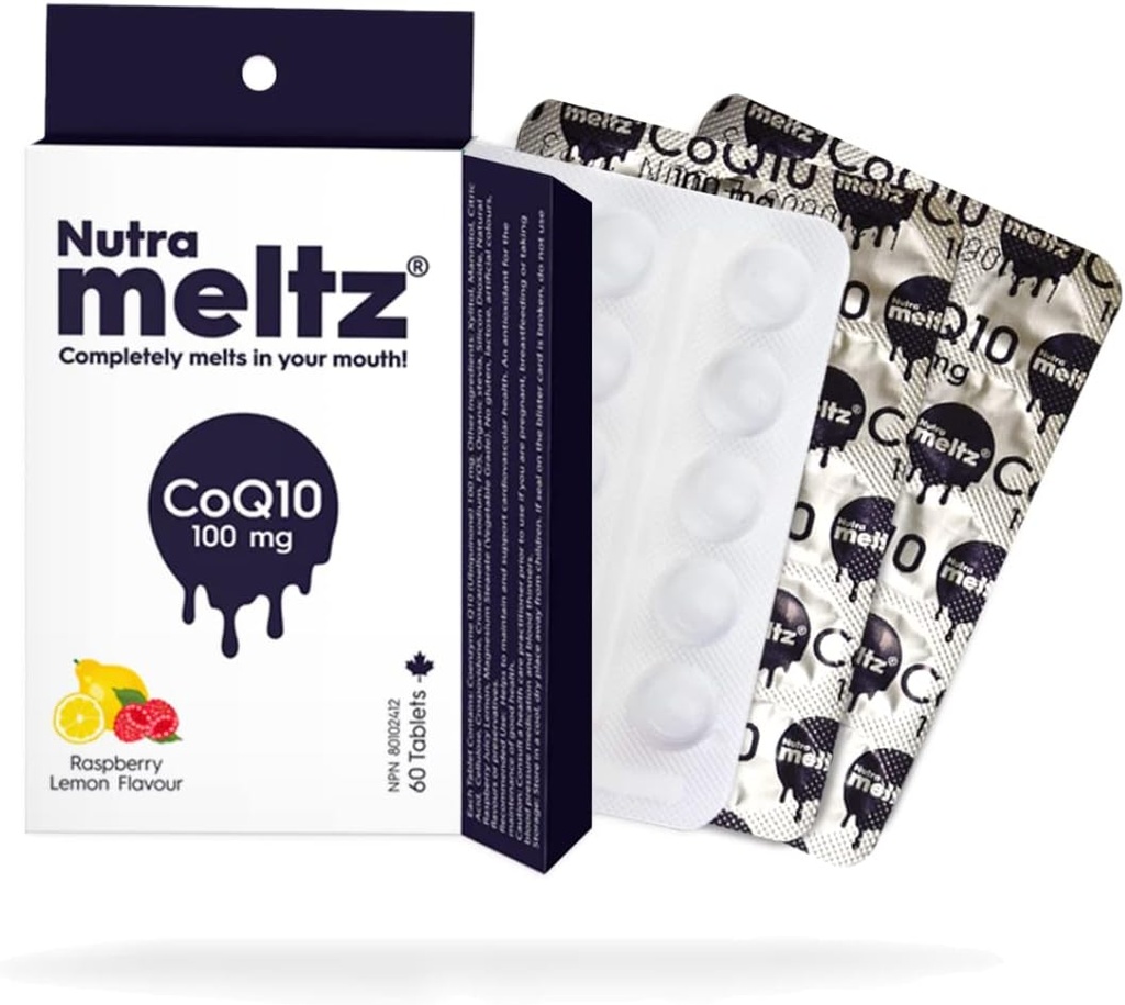 Nutra meltz CoQ10 100 mg - Coenzym Q10 Understøtter hjertesundhed, Forbedrer energiproduktion Quick Opløsning Tablets for Enzyme Mangel - Hindbær & Lemon Flavor (60 tabletter)