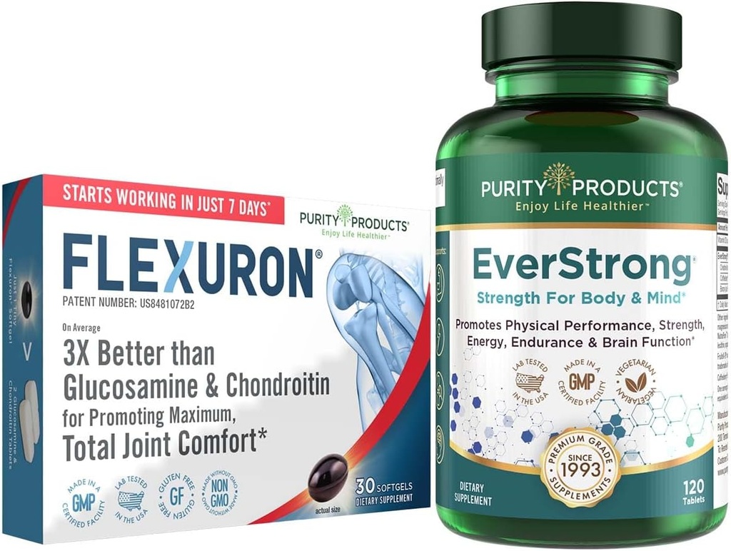 Renhed produkter Bundle - Flexuron Fælles Formel + EverStrong tabletter - Flexuron - Krill Oil, Hyaluronsyre + Astaxanthin - EverStrong- Muscle Matrix Blend w / Creatin, Kaffefrugt ekstrakt + mere