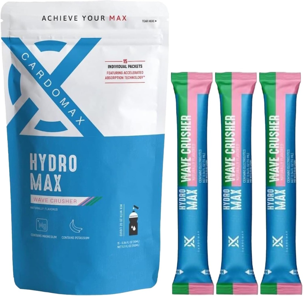 CardoMax Hydromax Electrolyte Drink Mix –Wavecrusher Flavor 15 Liquid Packets with Potassium & Magnesium – Zero Sugar, Keto & Vegan Electrolytes for Rapid Hydration & Recovery Supplement