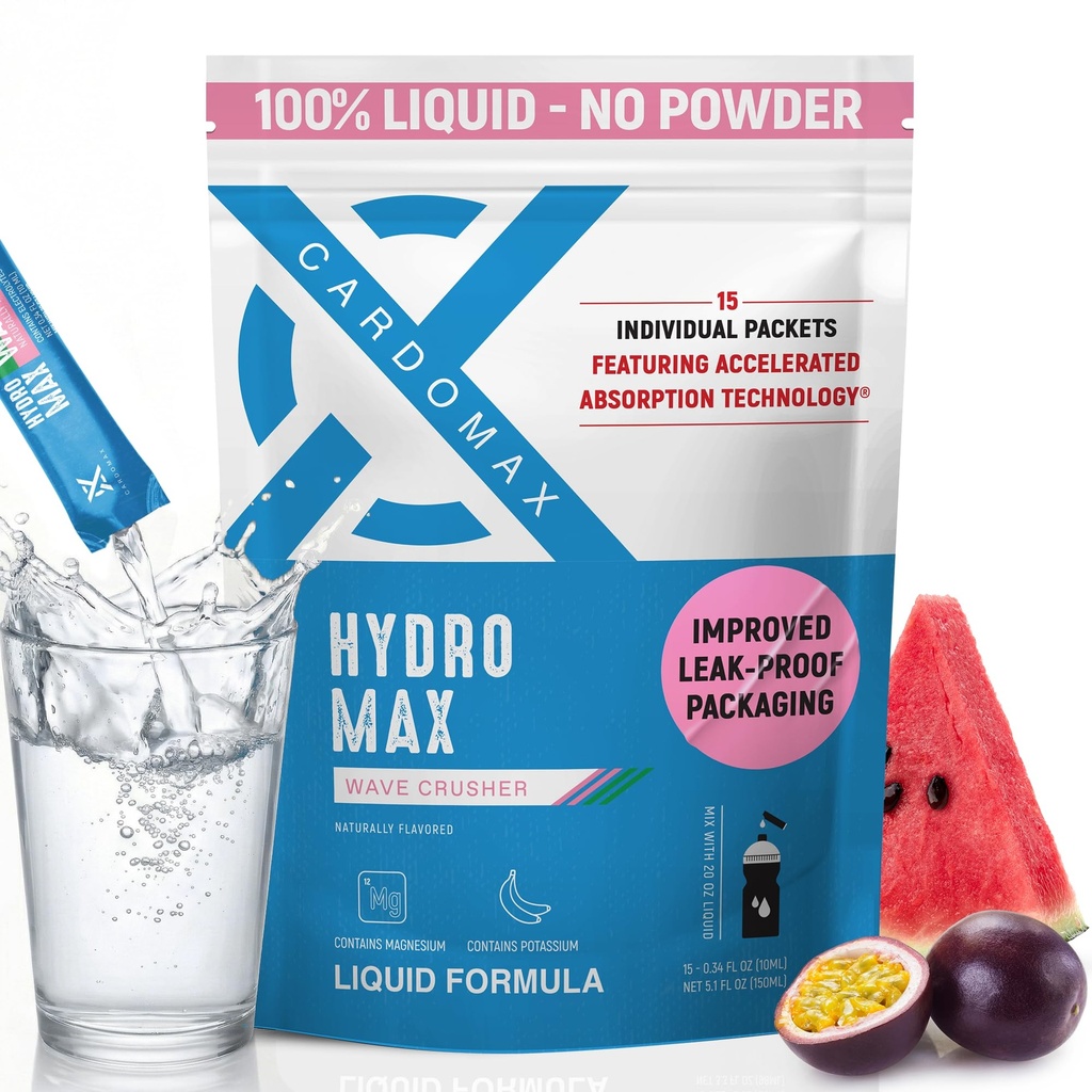 CardoMax Hydromax Electrolyte Drink Mix -Wavecrusher Flavor 15 flydende pakker med kalium & Magnesium - Zero Sugar, Keto & Vegan Electrolytes for Rapid Hydration & Recovery Supplement