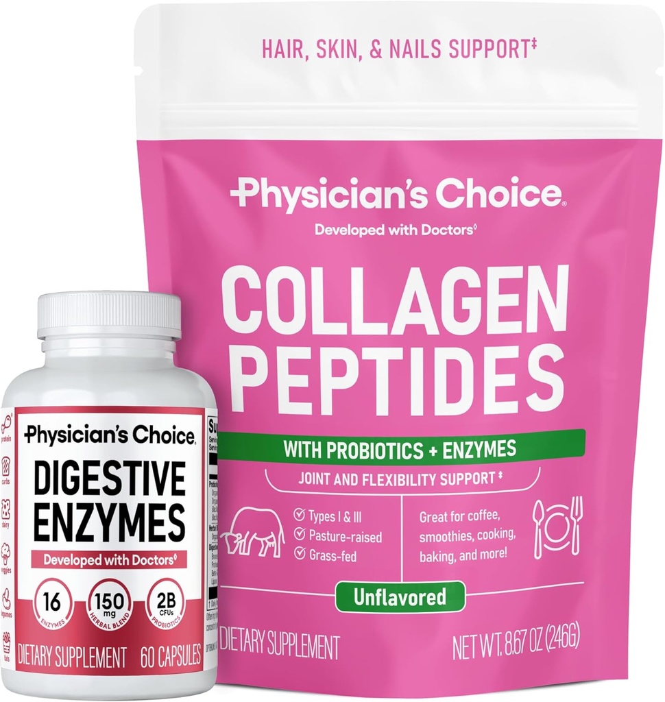 Lægens CHOICE - Fuld Gut Health Bundle: Collagen Peptider Powder + fordøjelsesenzymer 60ct for fordøjelsesbesvær Comfort, workout Inddrivelse, & hud, negle, og fælles støtte