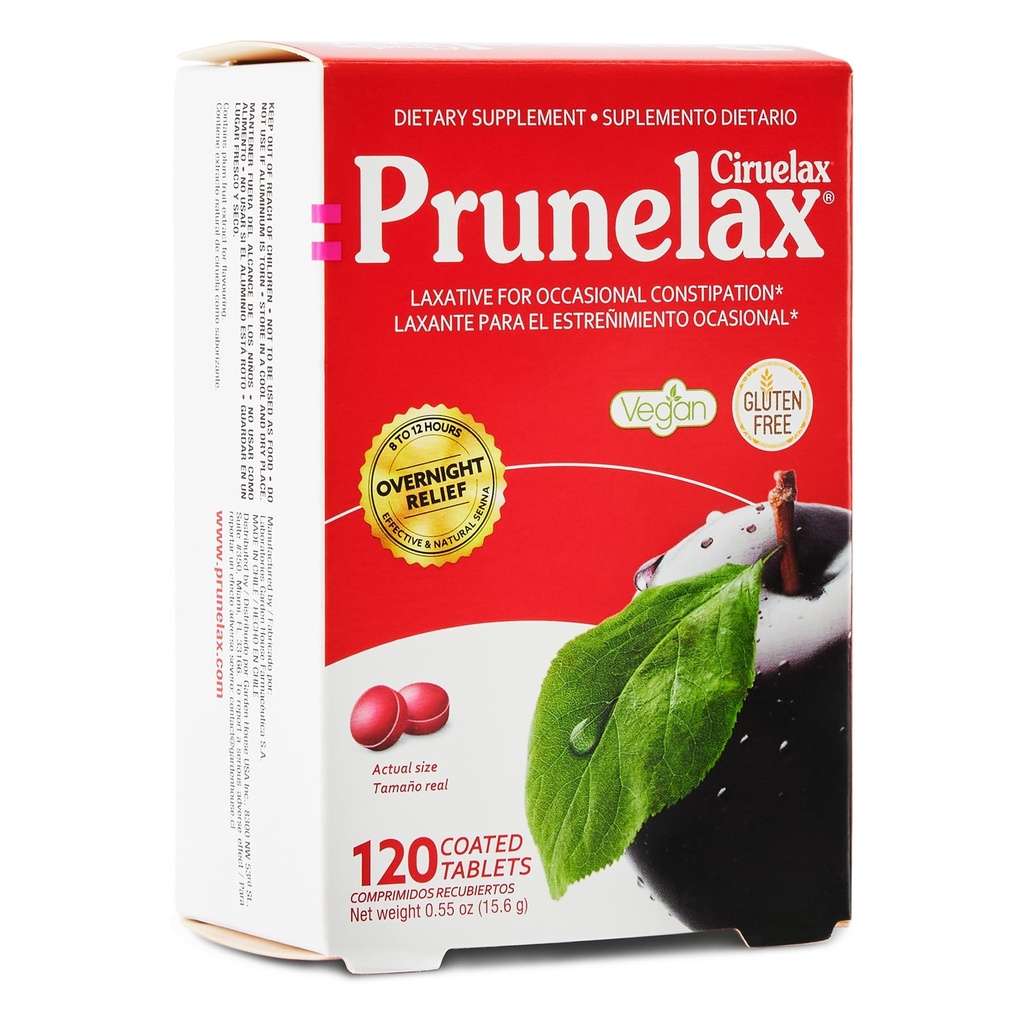 Prunelax Ciruelax Regelmæssig styrke Laxative Mini Tablets - Overnatning Relief for lejlighedsvis Forstoppelse, Senna Extract, Vegan & Gluten- Free, Gentle Relief - 120ct