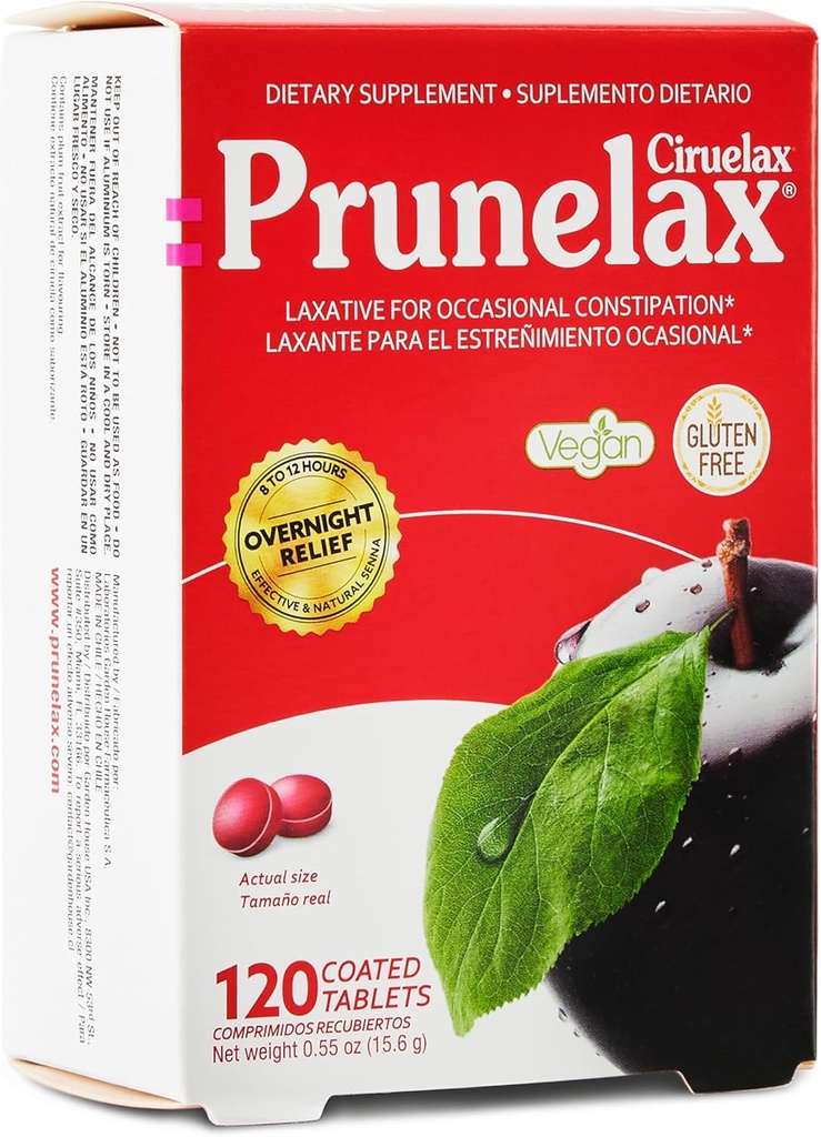 Prunelax Ciruelax Regelmæssig styrke Laxative Mini Tablets - Overnatning Relief for lejlighedsvis Forstoppelse, Senna Extract, Vegan & Gluten- Free, Gentle Relief - 120ct