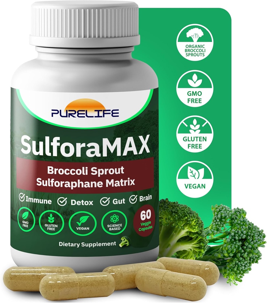 SulforaMAX (60 Capsules) - Sulforaphane Broccoli Immunity Supplement - Immune Support, Heart, Liver, Brain Health - Vegan, Vegetarian, Non-GMO, 10,000 MCG Sulforaphane