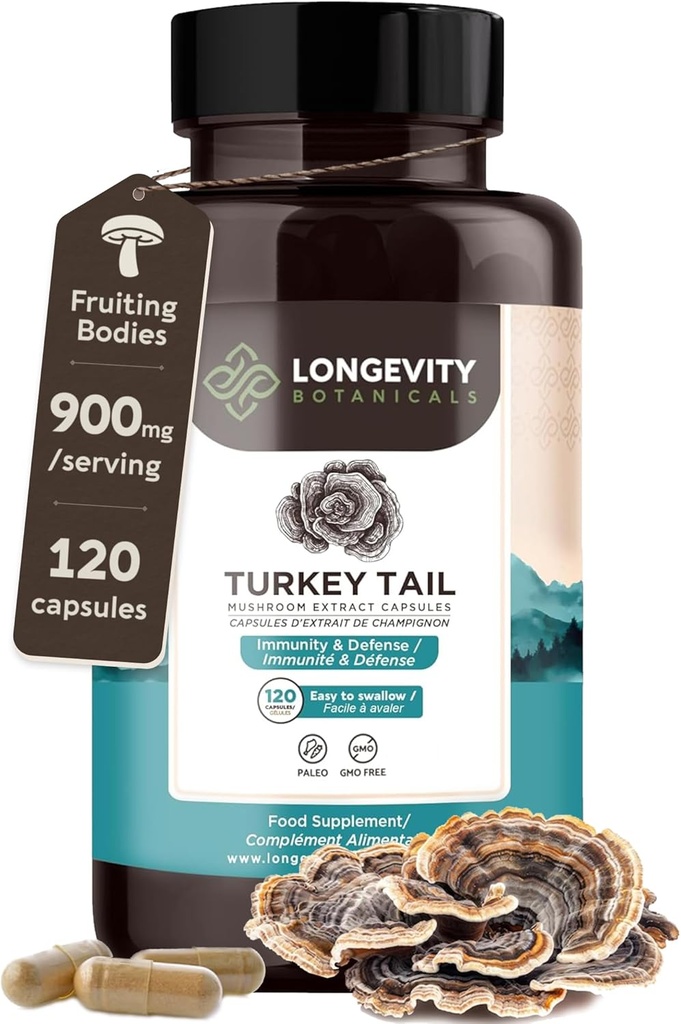 Organic Turkey Tail Mushroom Kapsler Supplement (120) - 124; Pure Fruiting Body 10: 1 High Strength Extract 124; 50% Beta- D Glucans - 124; 9,000mg rå Ækvivalent Per Serving - 124; Immun-, Gut & Microbiome Support