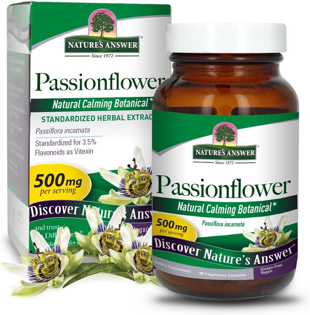 Nature 's svar Passion Flower 124; Kosttilskud â 124; Natural Calming Botanisk â 124; Non- GMO â 124; Alkoholfri, Glutenfri, Vegetar & Vegan 60 Kapsler