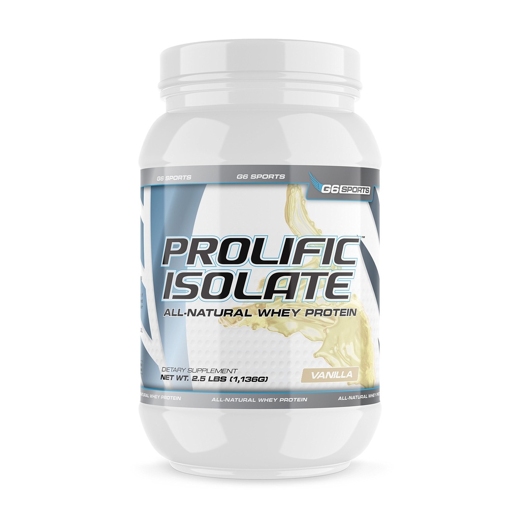 G6 Sports Nutrition Prolific Isolate All Natural Whey Protein Isolate (Gluten Free, Lactose Free, Soy Free, Stevia Sødet, 25g Protein, 100 kalorier) - 2.5lb Jar - Vanilla