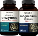 Magnesium Glycinat kapsler 500 mg, 240 Tæl - 100% Chelated & Renset; Digitale enzymer med Prebiotika, 240 Veggie kapsler - 20 Enzyme & 5 Prebiotic Pancreatic Complex
