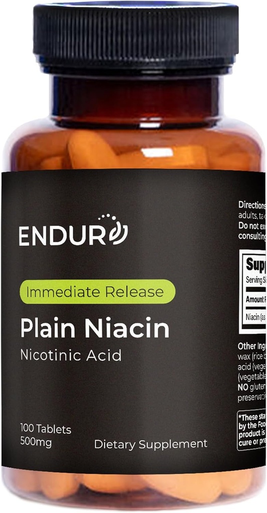 Endur Plain Niacin (Nicotinsyre), Heart Health & Sund Cholesterol Balance Supplement, Immediate- Release Formel, Gluten Free, 500mg (100 tabletter)