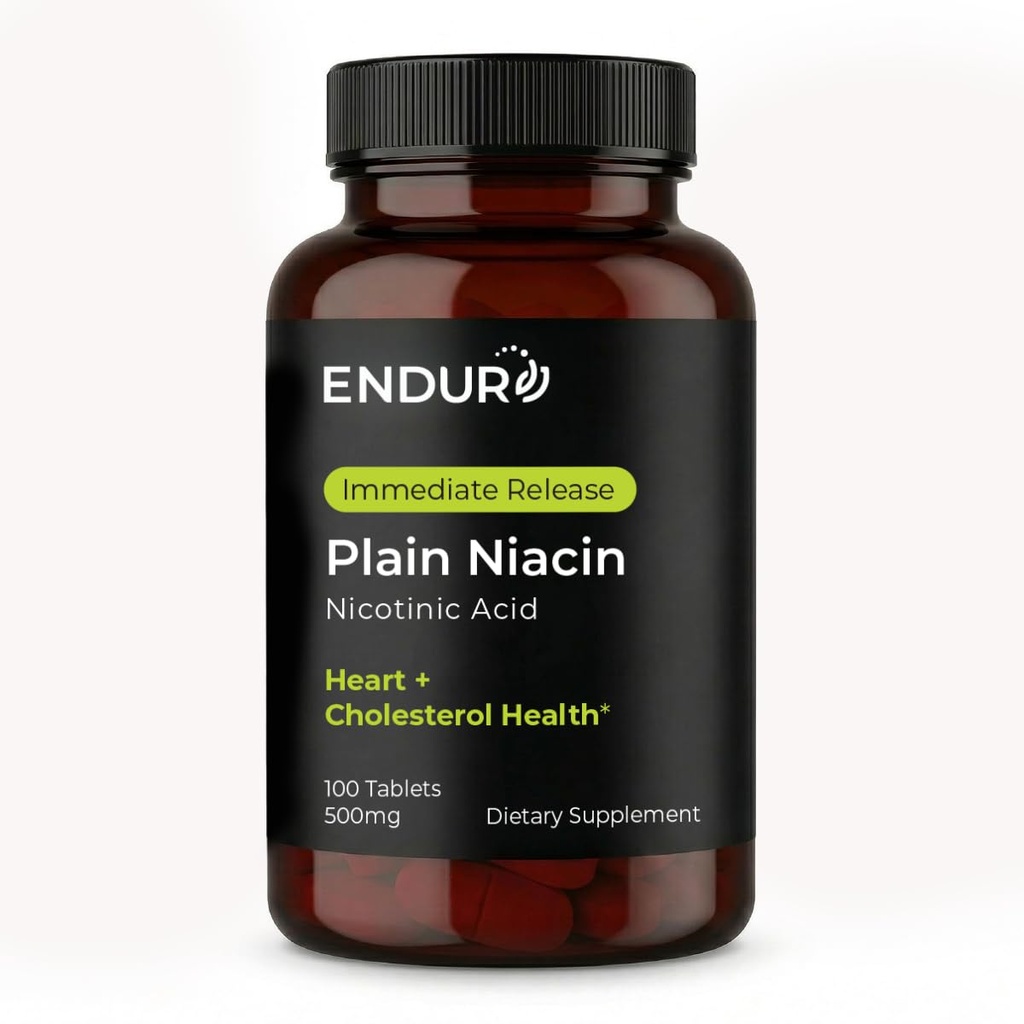 Endur Plain Niacin (Nicotinsyre), Heart Health & Sund Cholesterol Balance Supplement, Immediate- Release Formel, Gluten Free, 500mg (100 tabletter)