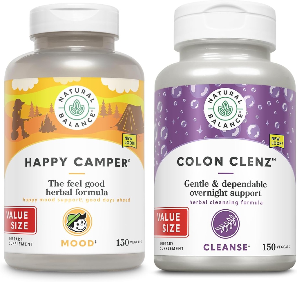 Natural Balance Happy Camper og Colon Clenz Bundle - FeelGood Support Plus Herbal Colon Cleanse og Detox - 60- dag garanti - 75 / 150 Servering, 150 / 150 VegCaps