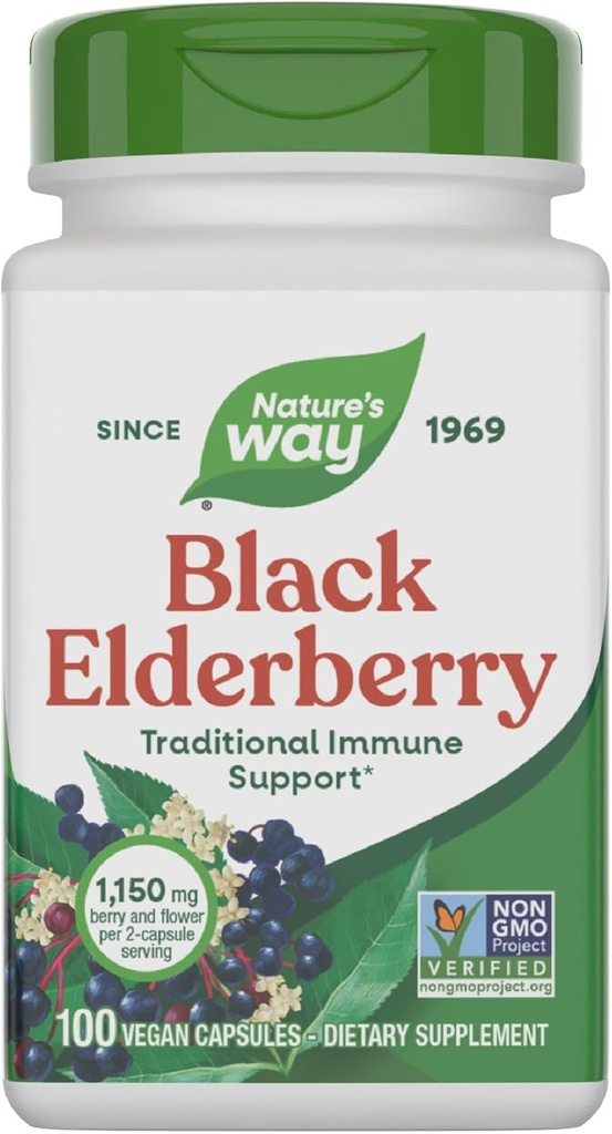 Nature 's Way Black Elderberry Kapsler, Traditionel immunforsvar * tillæg med Elderberry og Elderflower, Plant drevet, 100 Kapsler (Packaging May Vary)