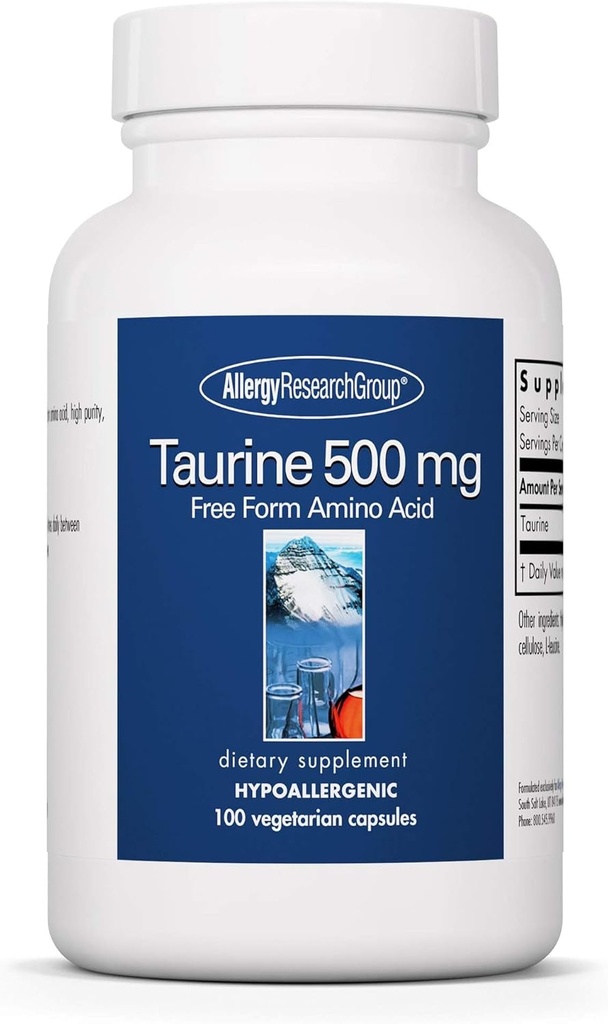 Allergy Research Group Taurine 500mg Supplement - Cardiovascular Support, Free Form Amino Acid, Pure, Organic, Vegetarian Capsules - 100 Count