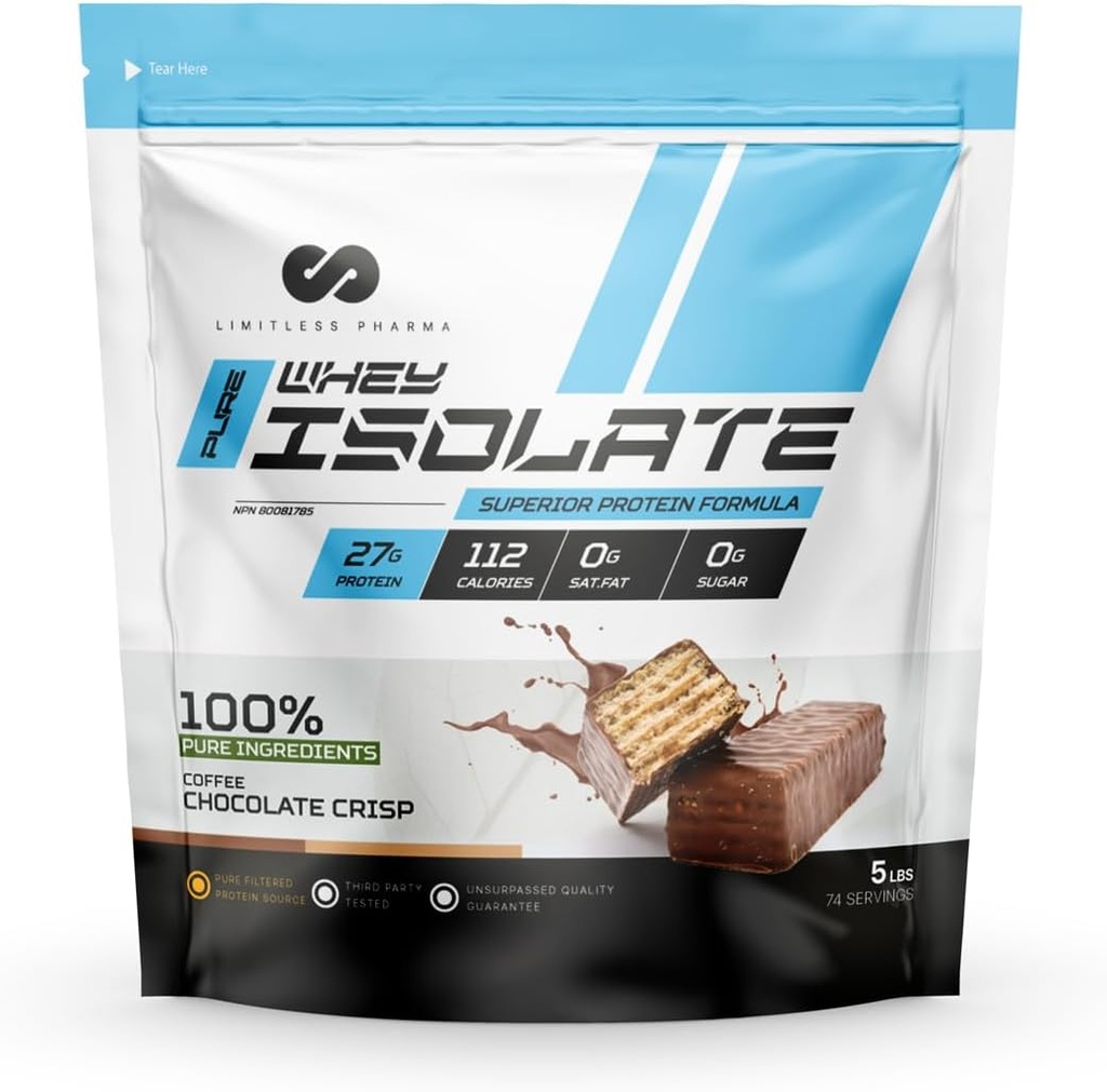 Limitless Pharma Pure Whey Isolate Б124; High Protein Whey Isolate Protein Powder Б124; 27g Protein, 6g BCAAs, Sugar Free, Gluten Free, Low Carb, Low Lactose Б124; 74 Servere, 5LB (Coffee Chocolate Crisp)