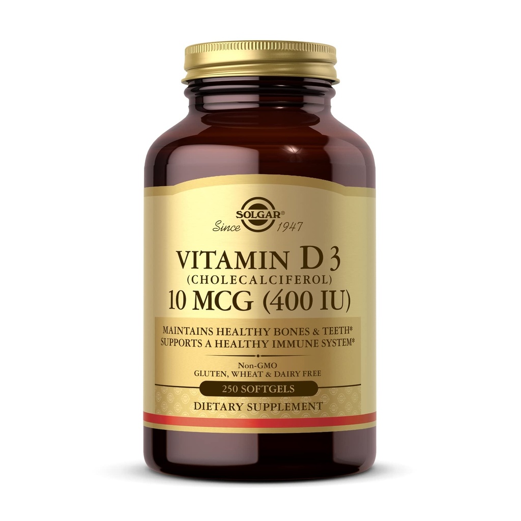 Solgar Vitamin D3 (Cholecalciferol) 10 mcg (400 IE) - 250 Softgels - Hjælper med at bevare sunde knogler & tænder - immunsystemet support - ikke-GMO, Gluten fri, Dairy Free - 250 Servere