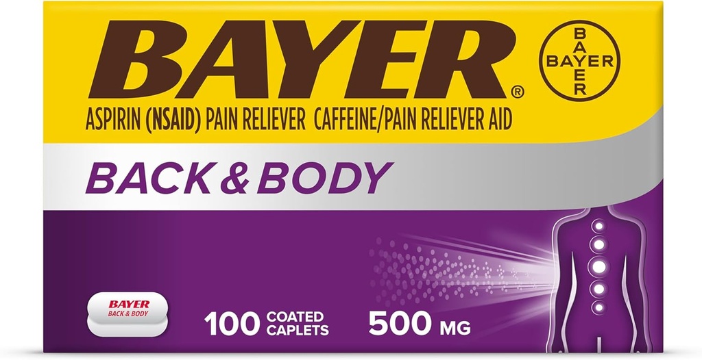 Bayer Back & Body Extra Strength Aspirin, 500 mg overtrukne tabletter, hurtig lindring på stedet for smerte, smertelindring med 32.5mg koffein, 100 greve