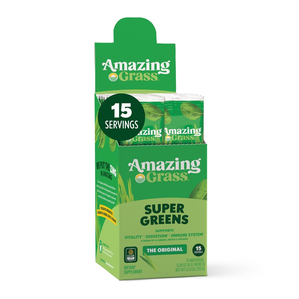 Amazing Grass Green Blend Superfood: Super Green Powder Smoothie Mix med Spirulina, Chlorella, Beet Root Powder, fordøjelige enzymer, Prebiotika & Probiotika, Original, 15 Servere (Packaging May Vary)