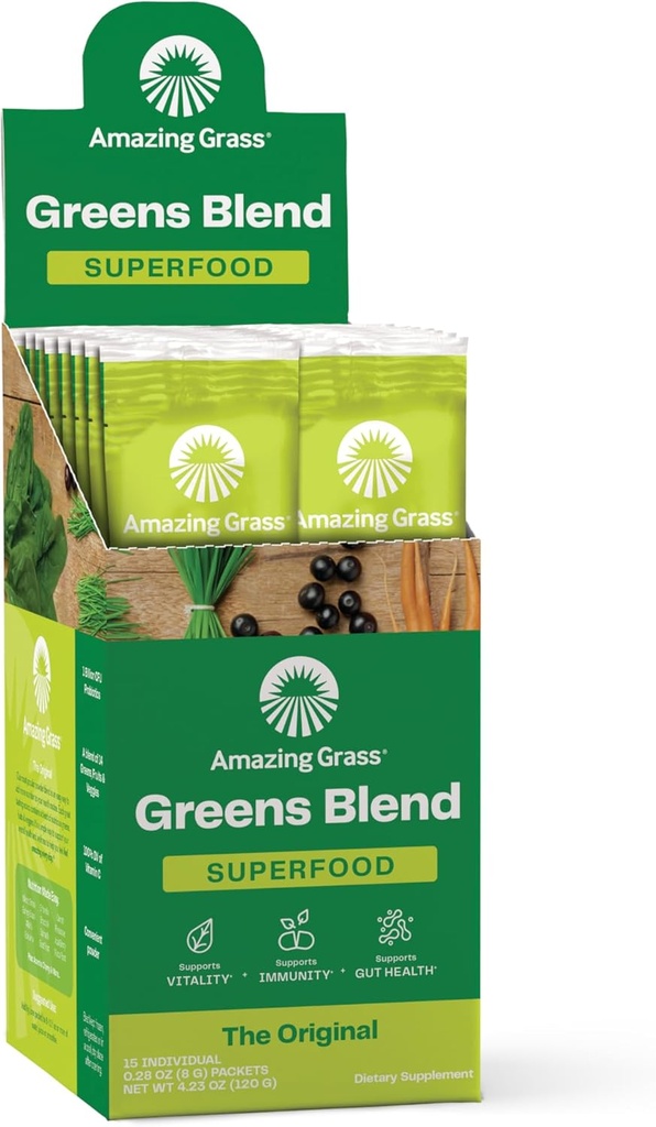 Amazing Grass Green Blend Superfood: Super Green Powder Smoothie Mix med Spirulina, Chlorella, Beet Root Powder, fordøjelige enzymer, Prebiotika & Probiotika, Original, 15 Servere (Packaging May Vary)