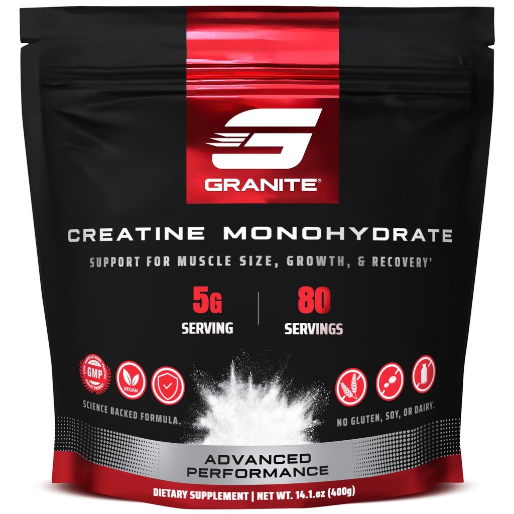 Granite Creatin monohydrat, understøtter Styrke, Endurance, & Muscle Recovery, Creatin for mænd og kvinder, Soy- Free, Dairy- Free, Gluten- Free (80 Servere)