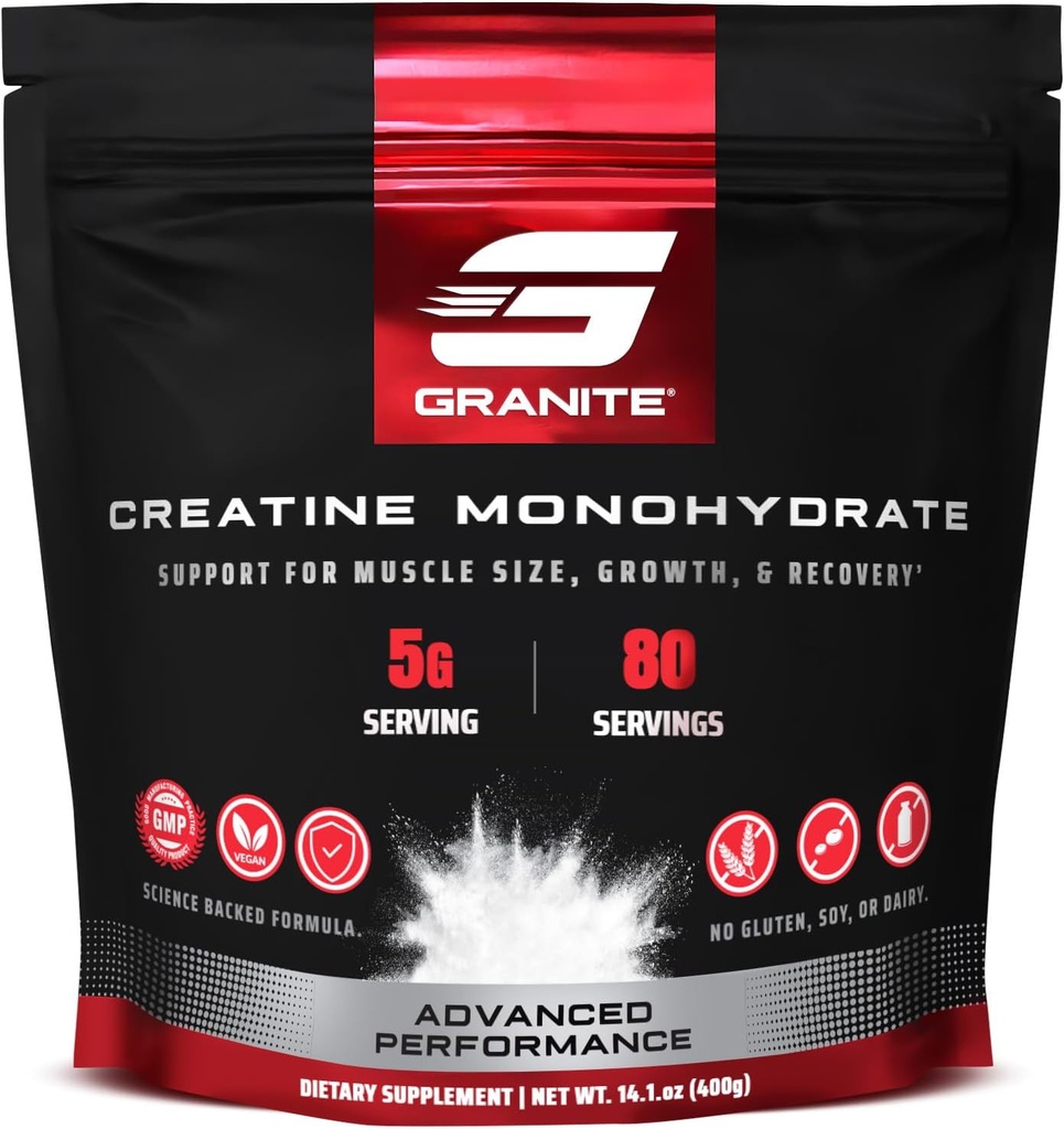Granite Creatin monohydrat, understøtter Styrke, Endurance, & Muscle Recovery, Creatin for mænd og kvinder, Soy- Free, Dairy- Free, Gluten- Free (80 Servere)