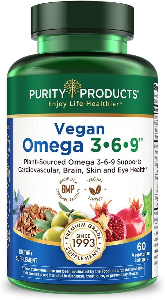 Renhed Produkter Omega 3-6-9 Vegansk og Vegetarisk Formel - "5 i 1" Essential Fedtsyrer Complex - Scientific Formulated Plant- Based Omega 3 6 9 Essential Fedtsyrer (EFA) - fra (60)