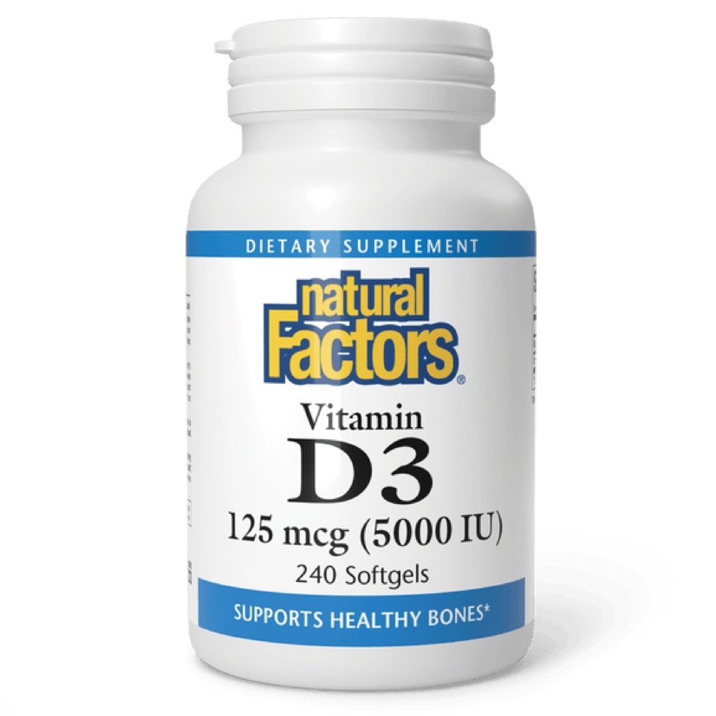 Naturlige faktorer, D3- vitamin, 5. 000 IE, understøtter fælles, ben & immunforsvar, 240 greve (pakning med 1)