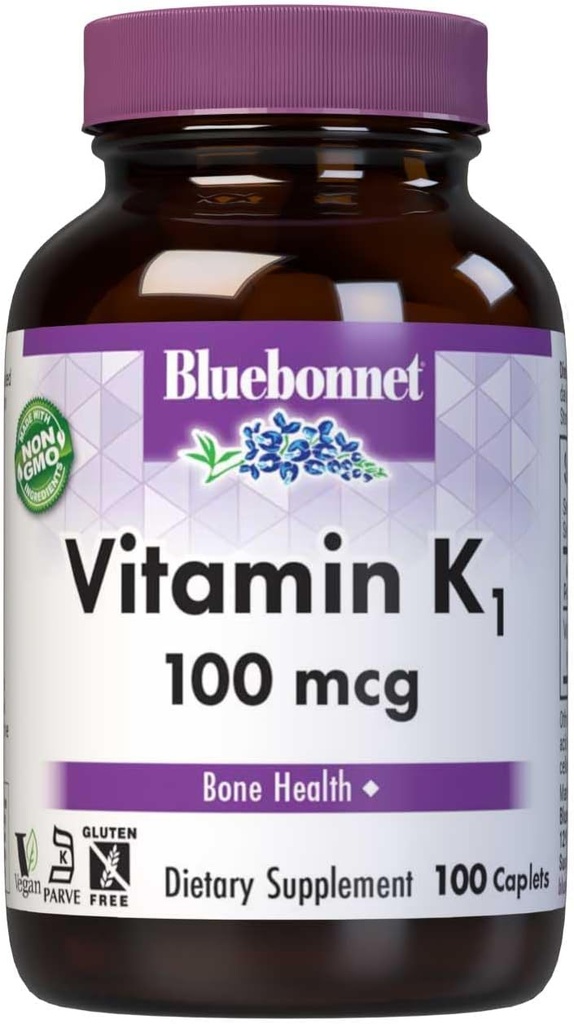Bluebonnet Vitamin K1 100 mcg Understøtter Bone Sundhed - Phylloquinon Krystallinske vitamin K tillæg - Non-GMO, Kosher Certificeret, Gluten- Free, Dairy- Free - 100 Vegan Caplets