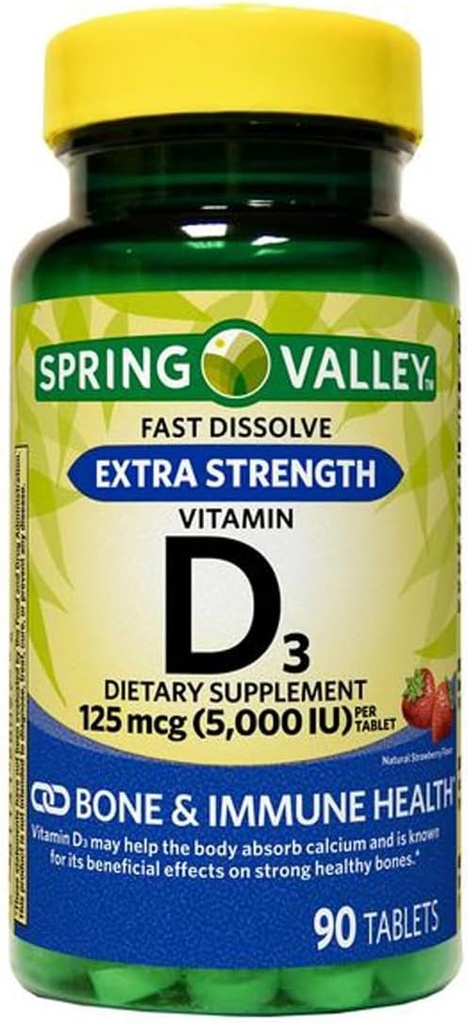 Extra Strength Vitamin D3 Fast opløsning tabletter Kosttilskud, 125 Mcg (5.000 IE), Strawberry Flavor, 90