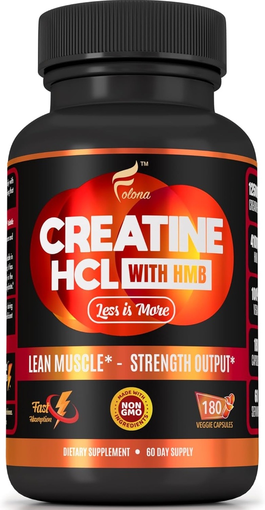 Creatine HCL Capsules with HMB - Workout Supplement for Men & Women, Muscle Builder, Endurance, Strength, Superior to Monohydrate: Instantized for Max Absorption, No Load, No Bloat, 180 Vegan Capsules