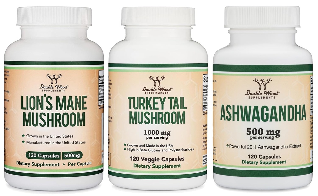 Dobbelt Wood Supplements Lions Mane Mushroom 120 Greve, Tyrkiet Tail 120 Greve, Ashwagandha 120 Greve