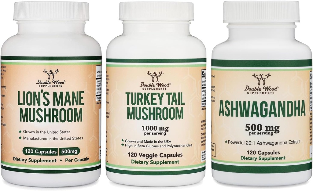 Dobbelt Wood Supplements Lions Mane Mushroom 120 Greve, Tyrkiet Tail 120 Greve, Ashwagandha 120 Greve