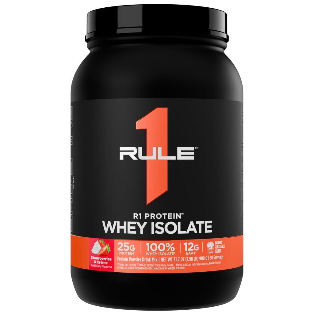 Regel 1 R1 Protein Whey Isolate - med 25g Protein & 6g BCAA Eksklusivt fra Isolated & Hydrolysed Kilder til træning Inddrivelse (2 Pounds *, Jordbær & Crème)