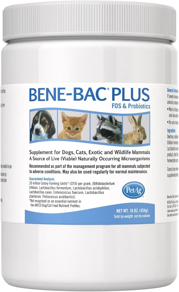 PetAg Bene- Bac Plus - 1 LB pulver - FOS & Probiotika til hunde, Katte, Exotic & Wildlife Mammals