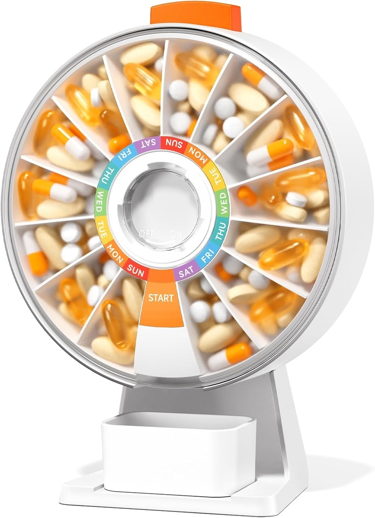 Zoksi Stor Fun Pill Dsipenser, Daily Pill Box til 7 eller 14 dage, Wall- Mountable eller Tabletop Weekly Pill Organizer Hold for Medicin, Vitamin eller Kosttilskud, Pill sag med nem trykknap (hvid)