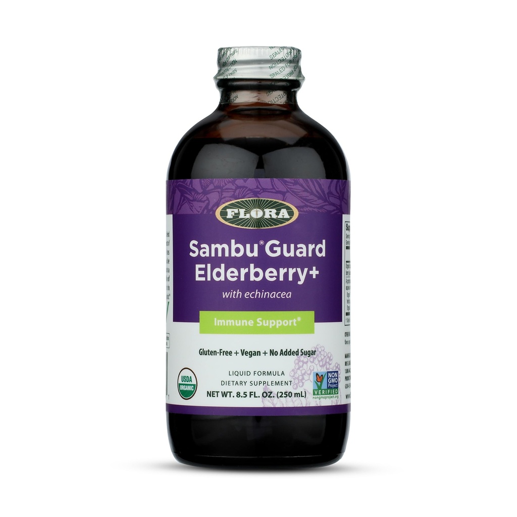 Flora Organic Black Elderberry Syrup + 8.5oz - Immunbooster med Echinacea, for børn og voksne, Ingen tilsat sukker, Gluten Free, Vegan, SambuGuard